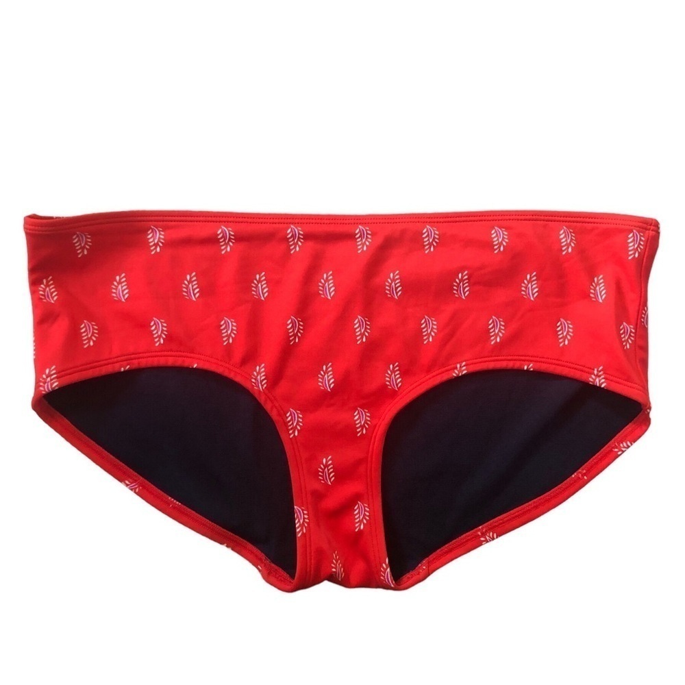 Boden Red Bikini Bottom Sz 12 Tiny White Leaf Print Lined Full Cover Clean